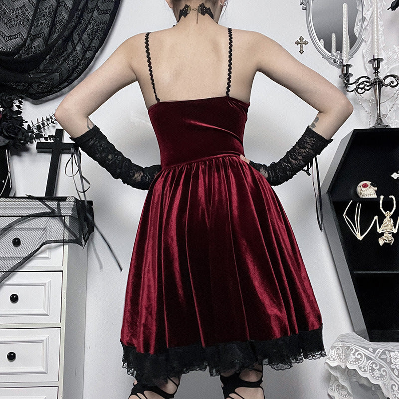 Women's Halloween Dark Suede Dress Sexy Lace Skirts