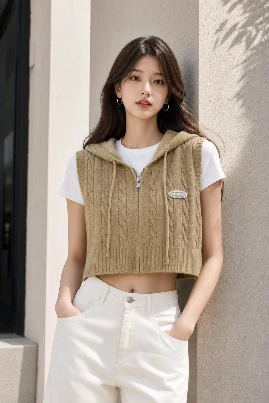 Women's Hooded Twist Waistcoat Outer Wear Loose Cardigans
