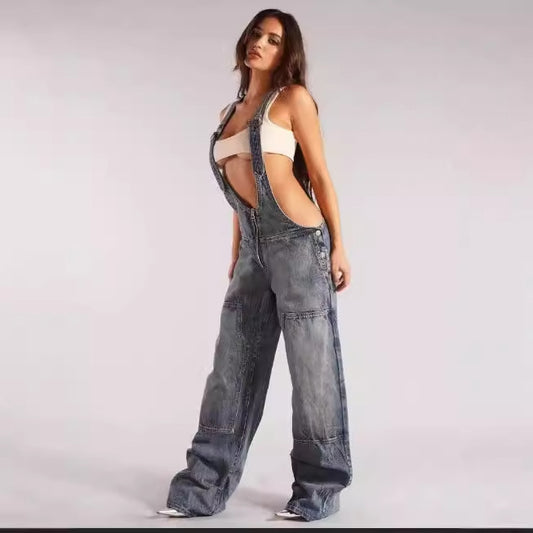 Women's Sexy Suspender Solid Color Sleeveless Sling Denim Zipper Jumpsuits