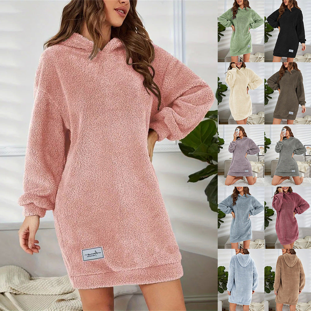 Women's Hooded Long-sleeved Plush Dress Loose Hoodie Women's Sweater, Sweater