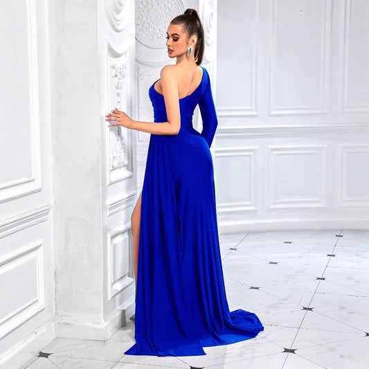 Diagonal Collar Slim Dress Sexy Slit Ribbon Dresses