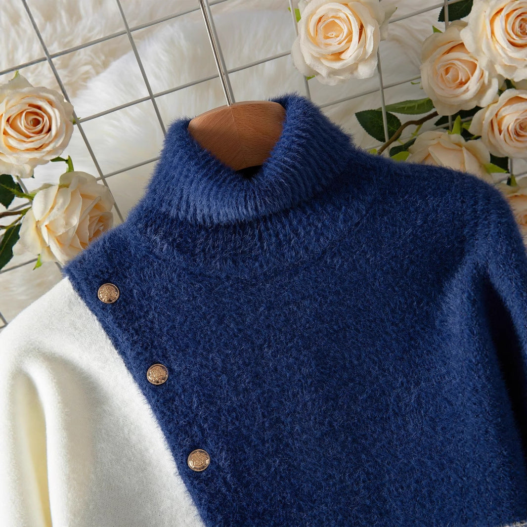 Women's Diagonal Button Design Sense Contrast Color Long Sleeves Sweaters