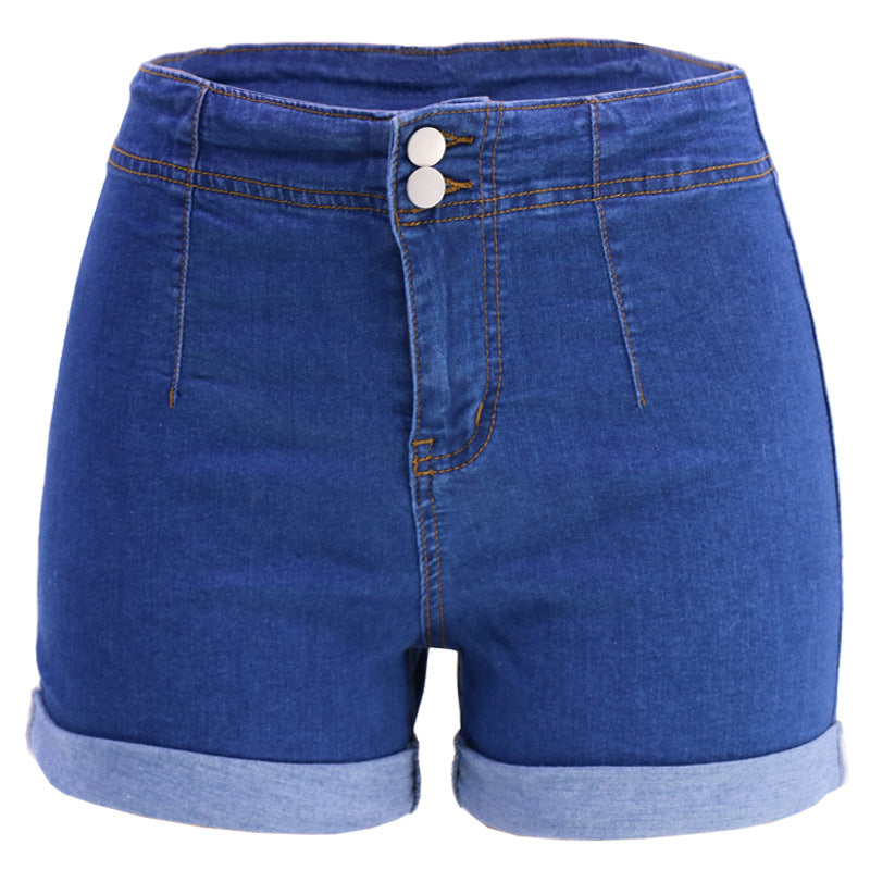 Women's Spring Temperament Commute Normal Blue Color Cotton High Waist Wash Shorts