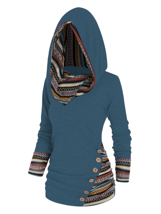 Women's Striped Stitching Hooded Knitted Long Sleeve Button Sweaters