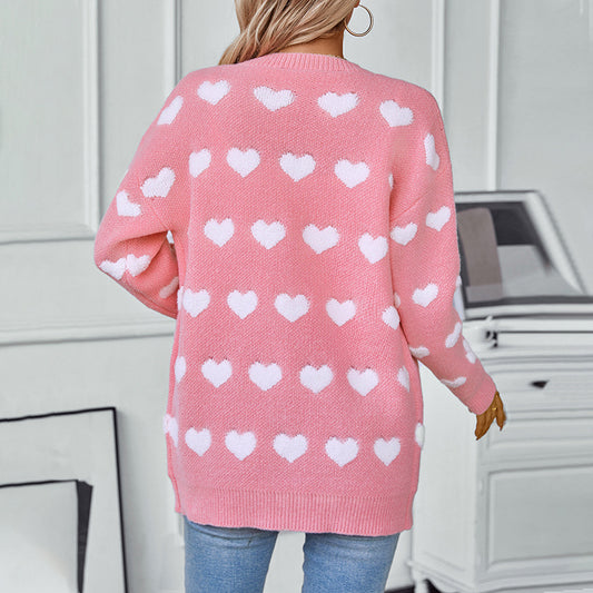 Women's Embroidery Heart Knitted Mid-length Button Sweet Sweaters