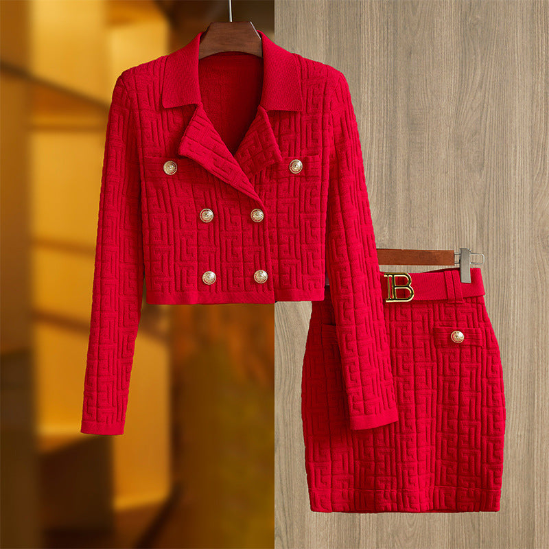 Khaki Jacquard Knitted Collar Two-piece Fashion Suits
