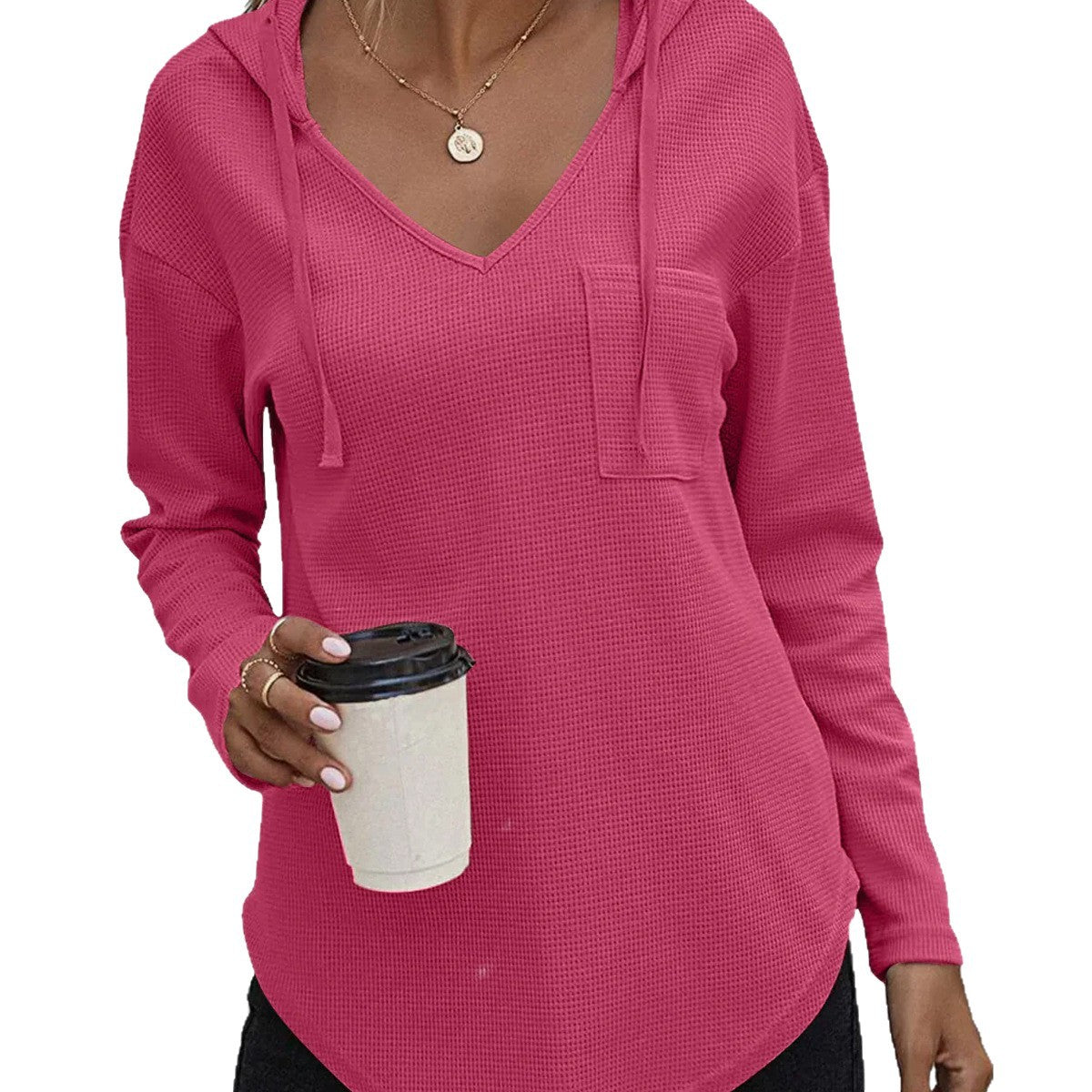 Women's Xi Waffle Casual Fashion Solid Color Hooded Knitted Patch Pocket Blouses