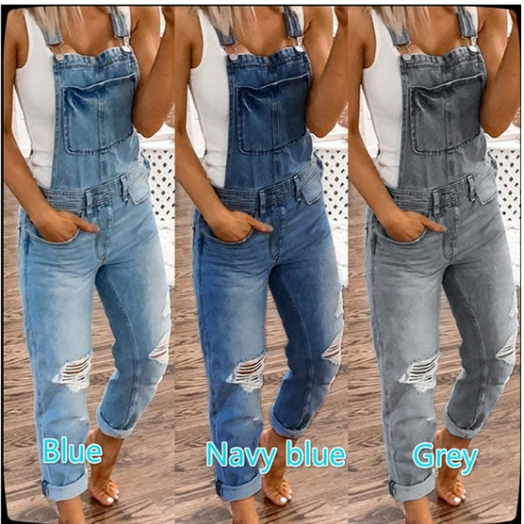 Women's Suspender Trousers Ripped Washed Slim Fit Bodysuit Temperament Pants