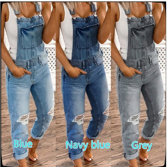 Women's Suspender Trousers Ripped Washed Slim Fit Bodysuit Temperament Pants