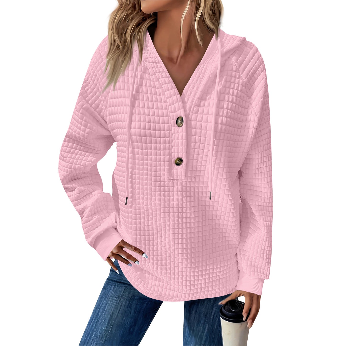 Women's Square Quilted Hooded Button Loose Long Women's Sweater, Sweater