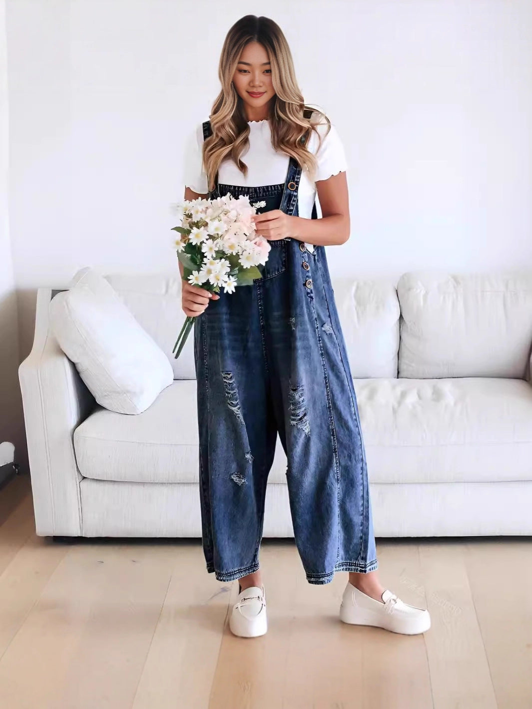 Women's Make Old Ripped Loose Wide Leg Comfortable Leisure Jeans