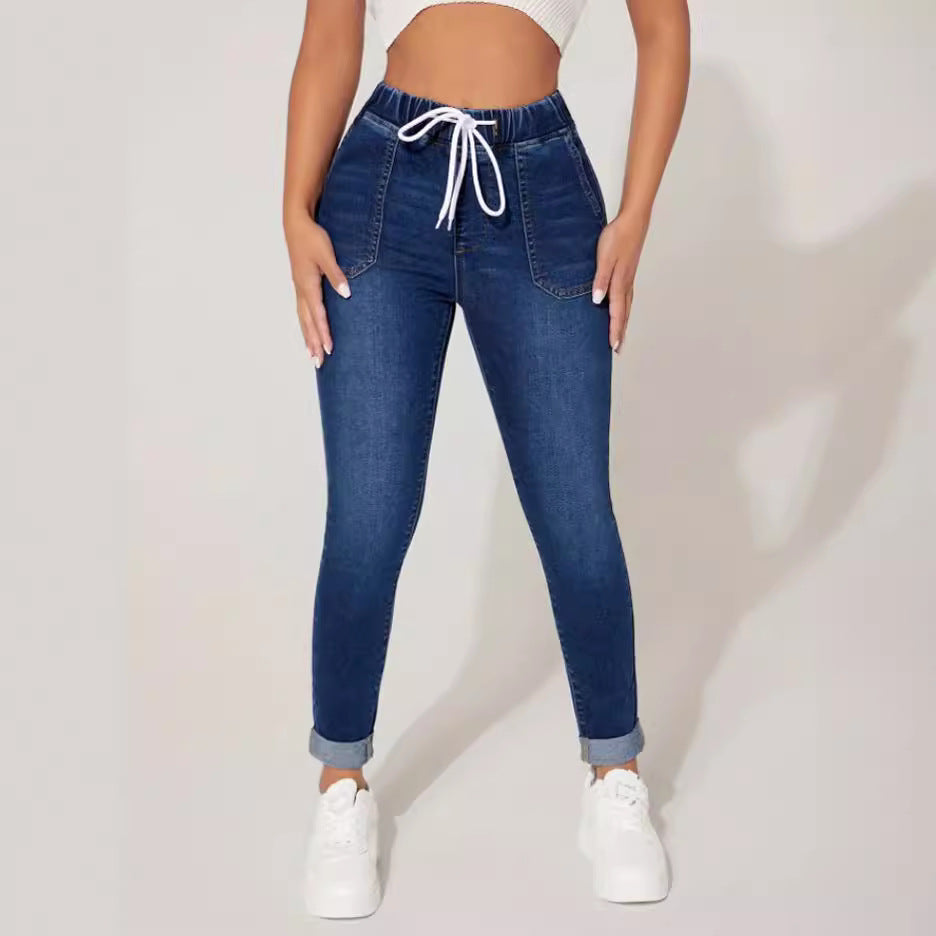 Women's Cropped Drawstring Elastic Waist High Skinny Jeans