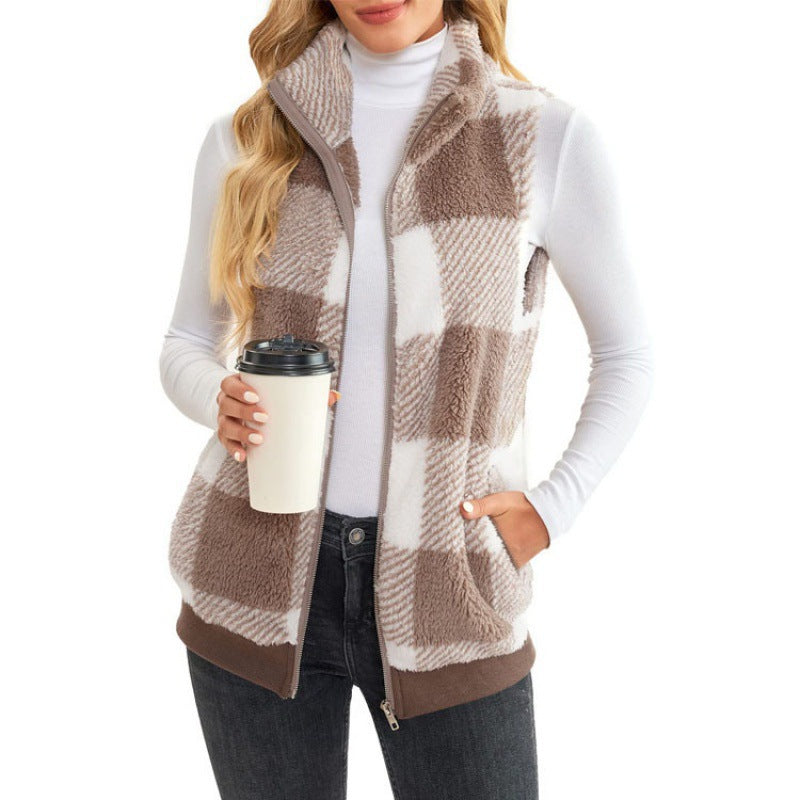 Women's Waistcoat Comfortable Veet Plaid Stand Collar Zipper Women's Vest