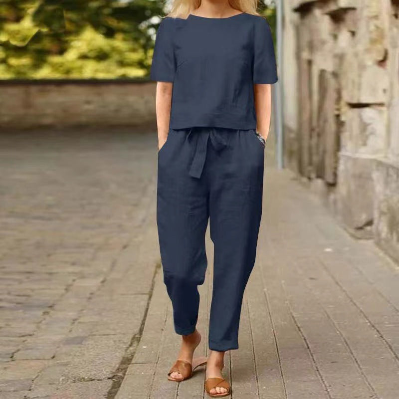 Women's Linen Summer Matching Half Sleeve Oversized Wide Leg Retro Two-piece Fashion Casual Suit