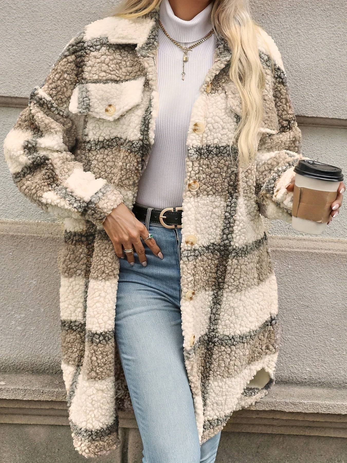 Women's Popular Thickened Lapel Checked Woolen Coats