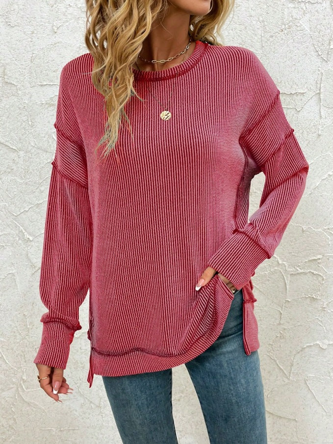 Women's Twist Strip Split Long Sleeve Loose Women's Sweater, Sweater