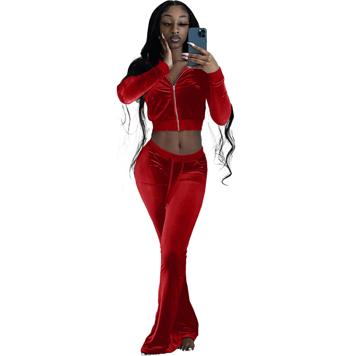 Women's Fashion Veet Solid Color Long Sleeve Bell-bottom Suits