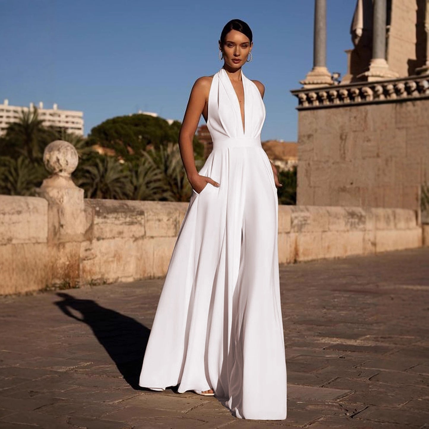 Women's Sleeveless Halter Solid Color Wide Leg Jumpsuits