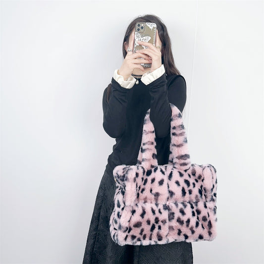 Leopard Print Large Capacity Portable Plush Shoulder Bags
