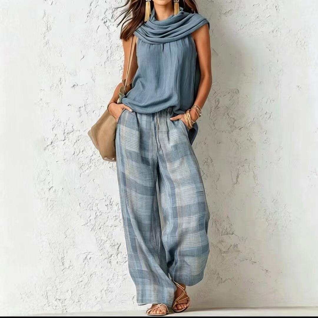 Beautiful Women's Retro Style Sleeveless Plaid Fashion Casual Suit