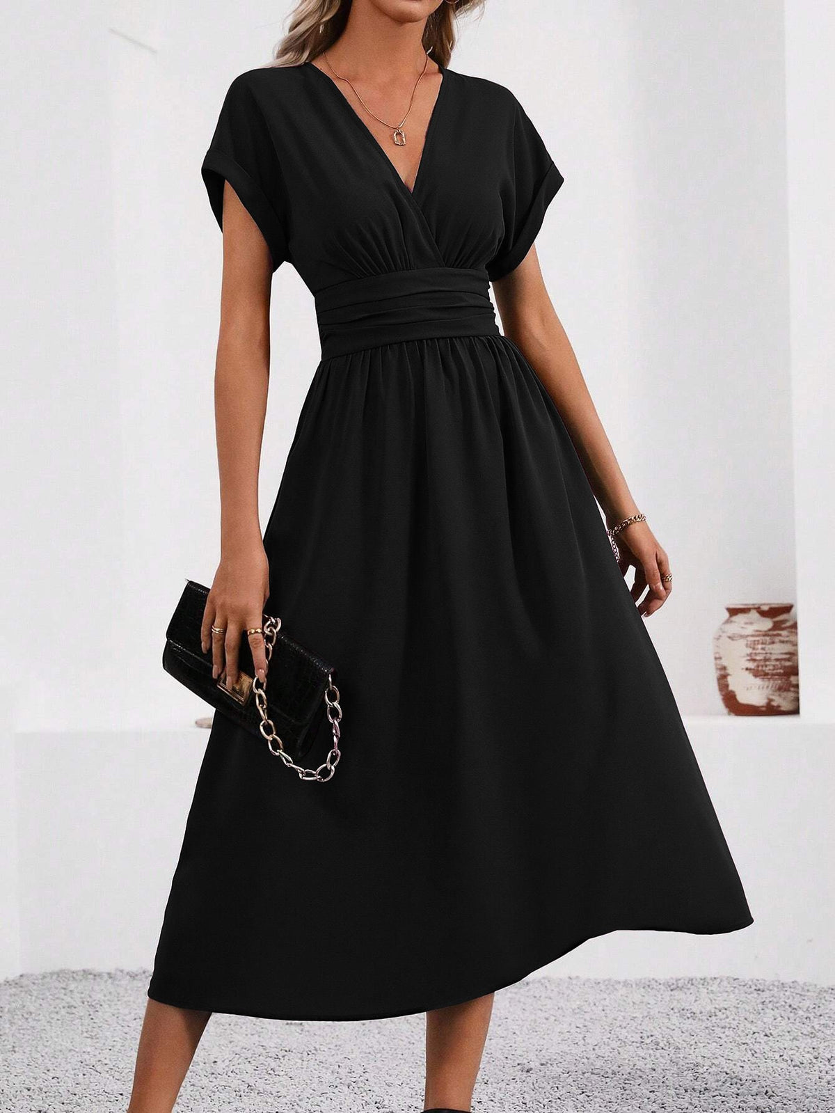 Women's Color Overlapping Batwing Sleeve Waist Pleated Dress