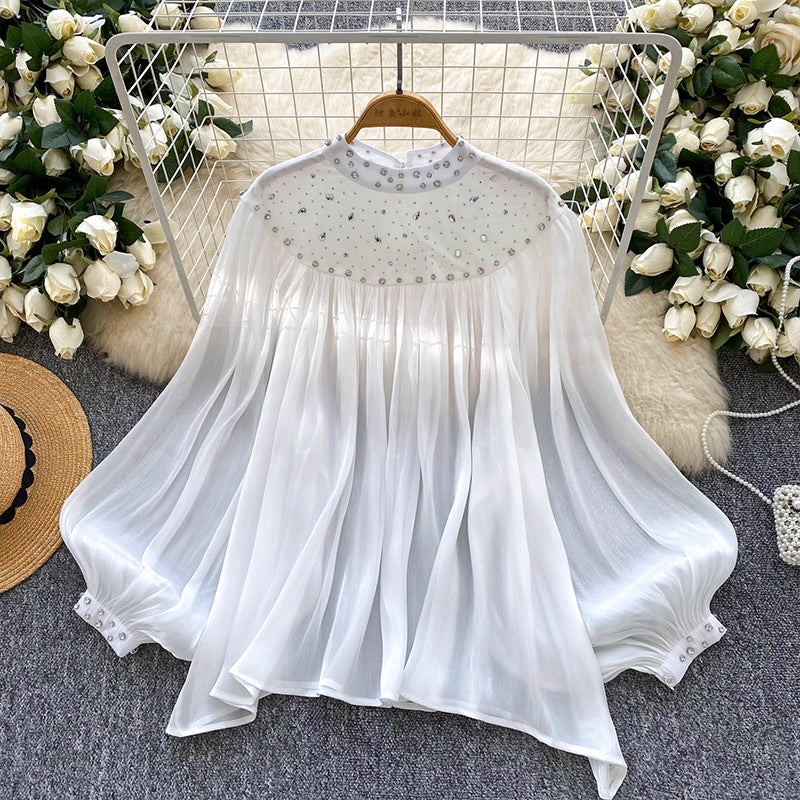 Rhinestone Lantern Sleeve Tassel Gauzy Shirt Blouses