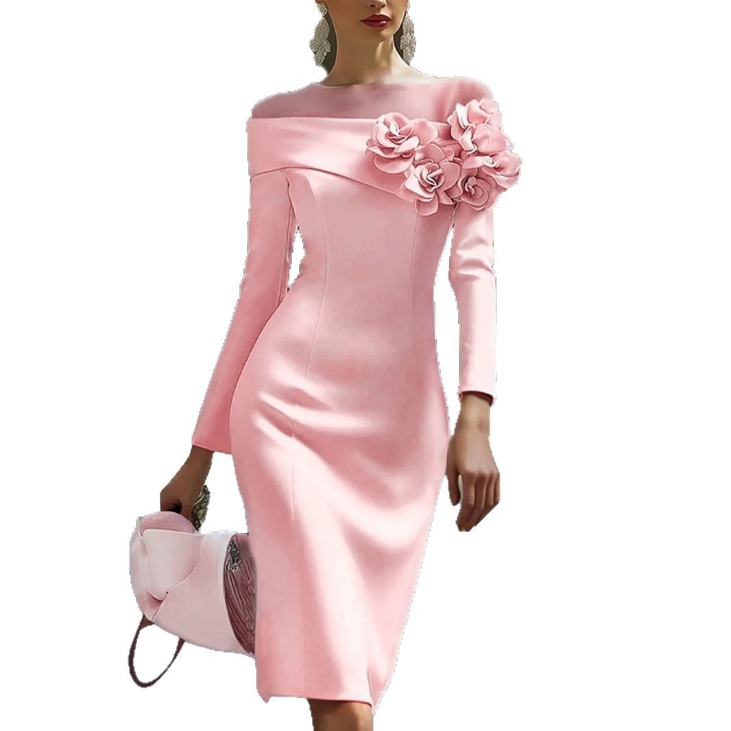 Women's Side Three-dimensional Flower Decoration Solid Color Dresses