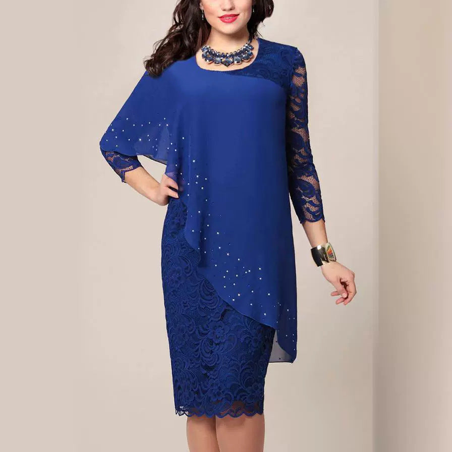 Solid Color Lace Stitching Elegant Cropped Sleeves Dresses