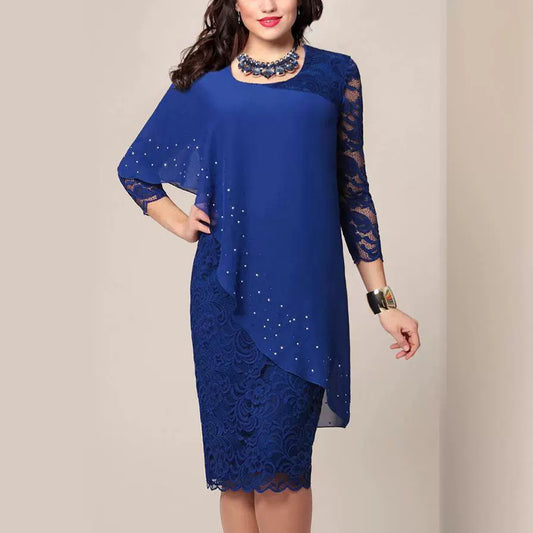 Solid Color Lace Stitching Elegant Cropped Sleeves Dresses
