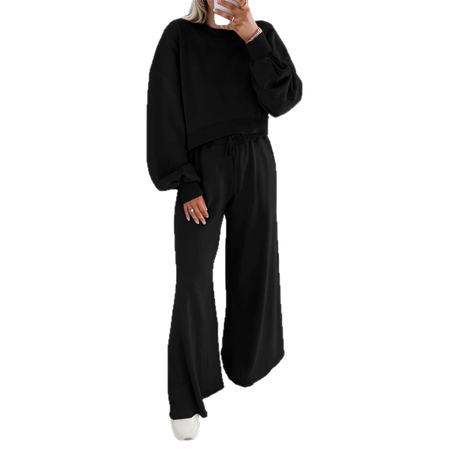 Women's Drop Shoulder Puff Sleeve Pullover Sweatshirt Suits