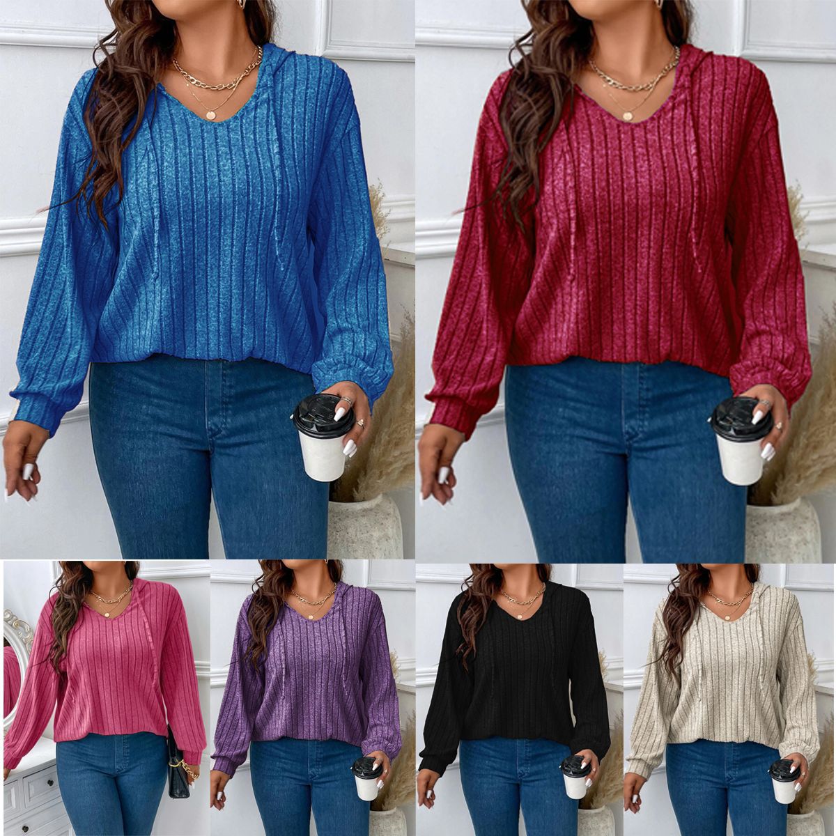 Women's Color Clothes Hooded Long Sleeve Sunken Stripe Women's T-shirt