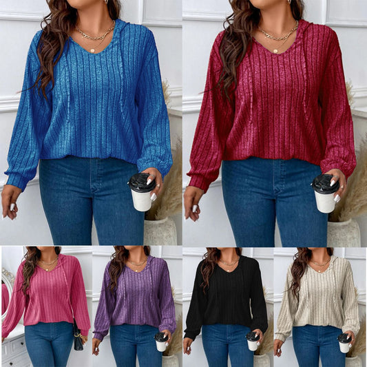 Women's Color Clothes Hooded Long Sleeve Sunken Stripe Women's T-shirt