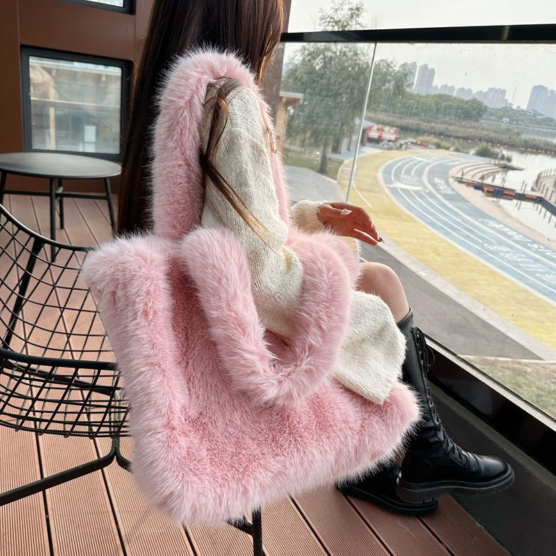 Large Capacity Imitation Fox Fur Portable Plush Handbags