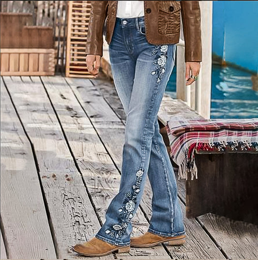 Women's Thick Retro High-waisted Trousers Embroidered Figure Jeans