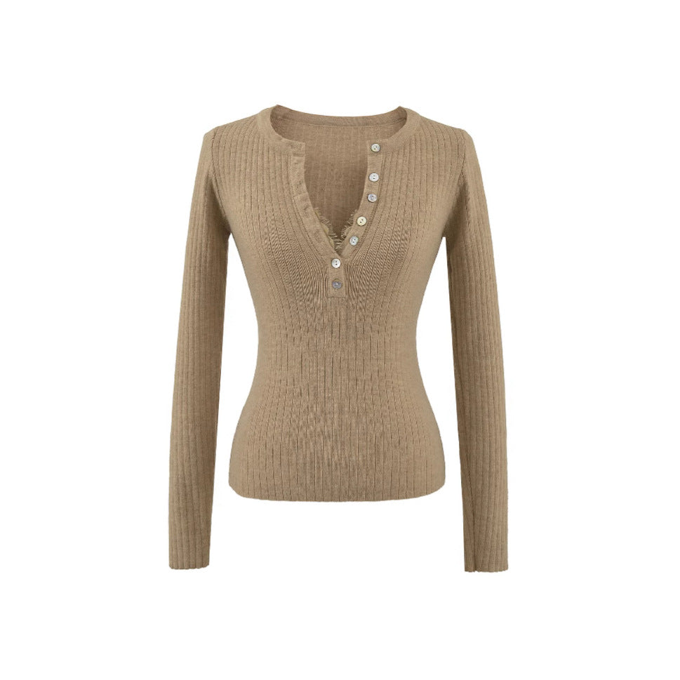 Women's Breasted Lace Long-sleeved T-shirt Elastic Bottoming Tops
