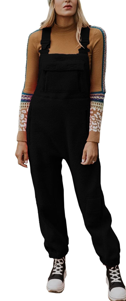 Women's Pocket Solid Color Lamb Wool Adjustable Jumpsuits