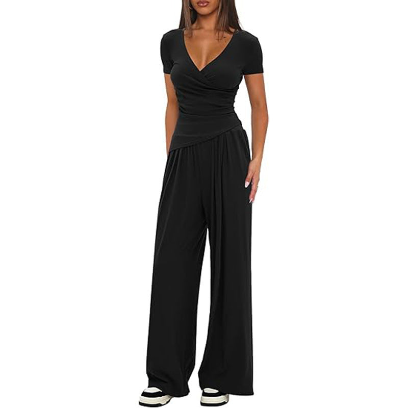 Solid Color Warp Knitted Short-sleeved Matching Fashion Casual Suit