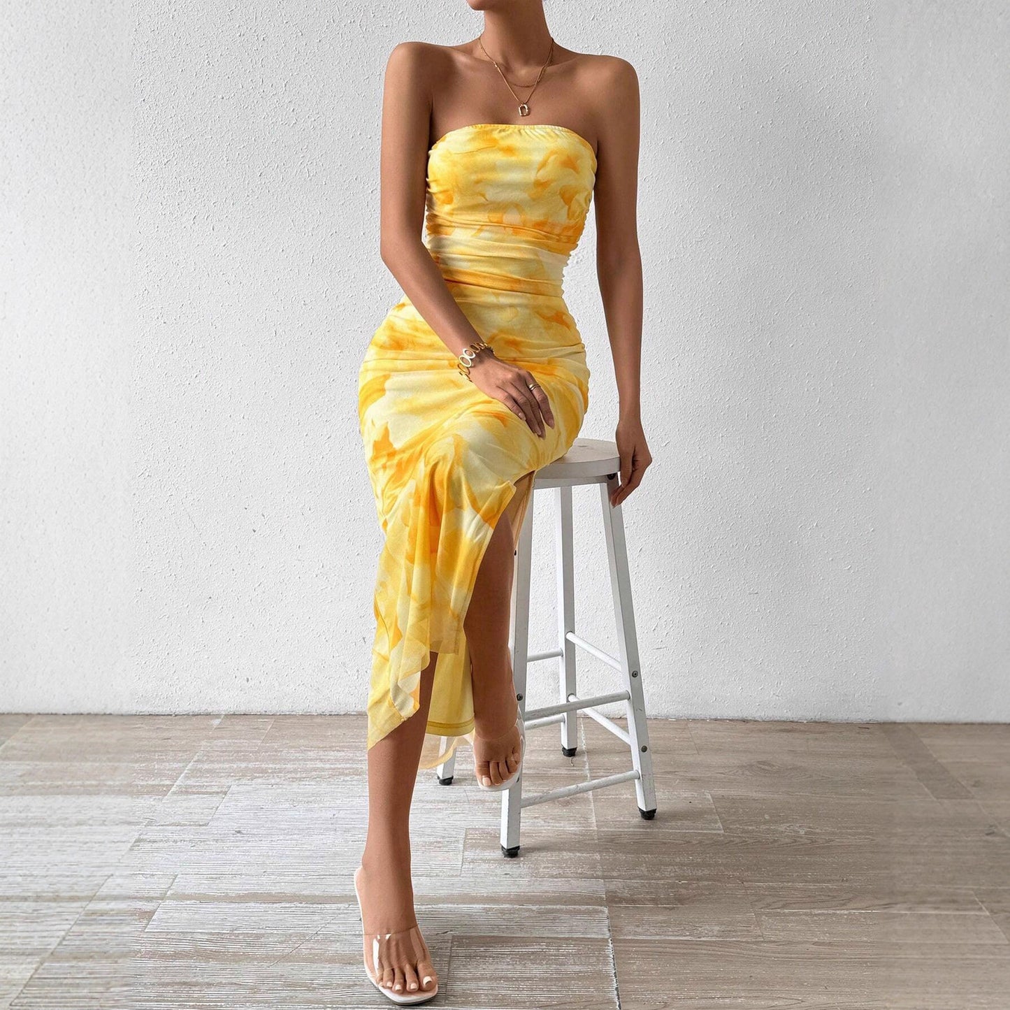 Women's Mesh Floral Print High Waist Slit Dress