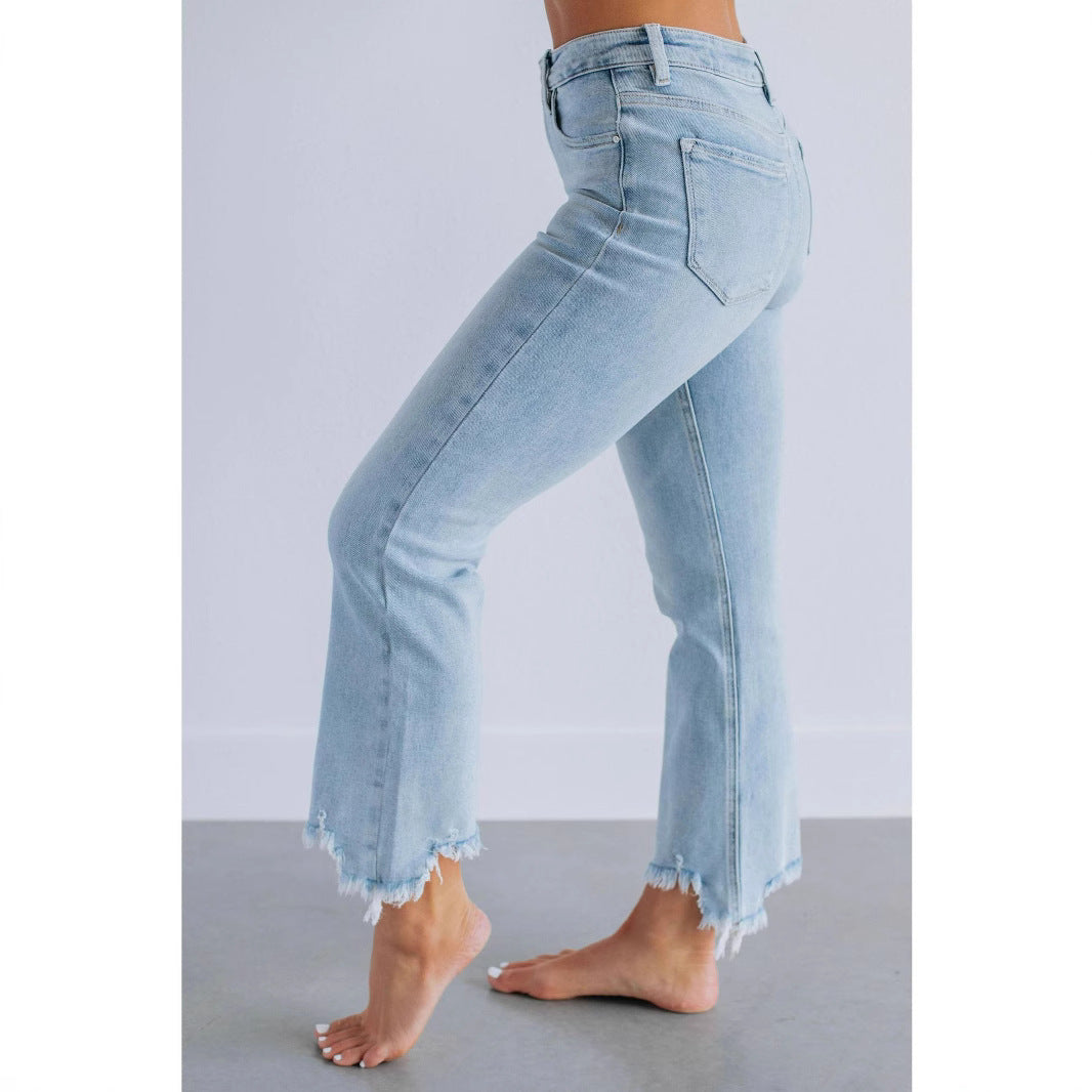 Women's High Waist Tassel Ripped Frayed Straight Women's Jeans