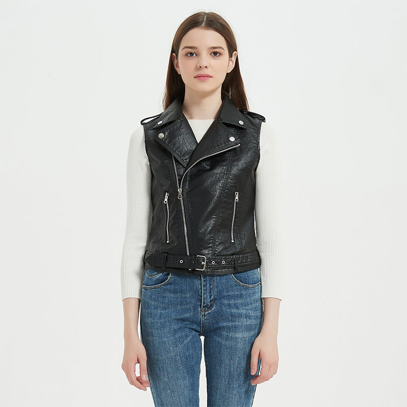 Women's Solid Color Slim Motorcycle Lapel Belt Zipper Jackets