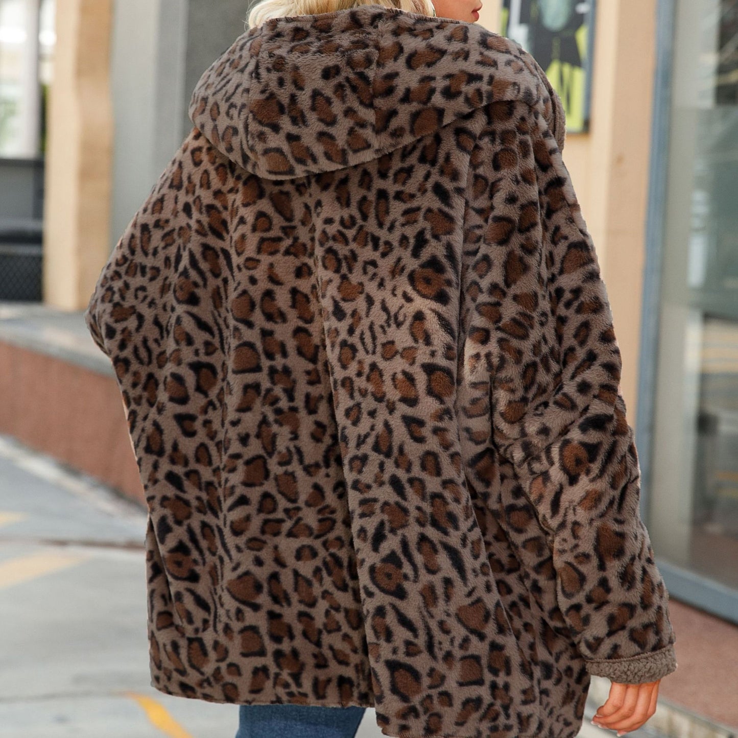 Women's Sleeve Loose Pockets Mid-length Fluffy Leopard Sweaters