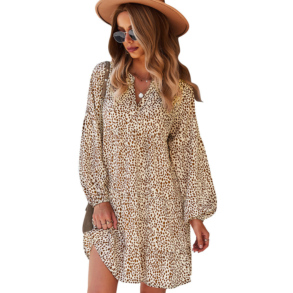 Loose Leopard Print Long Sleeve Casual Dress