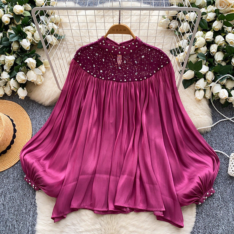 Rhinestone Lantern Sleeve Tassel Gauzy Shirt Blouses