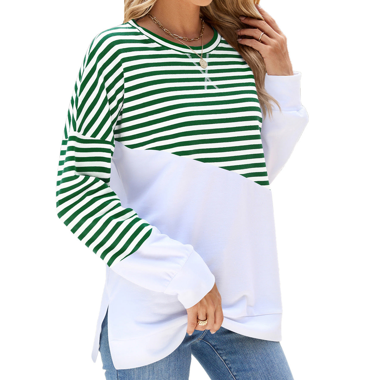 Women's Color Round Neck Contrast Striped Long Coats
