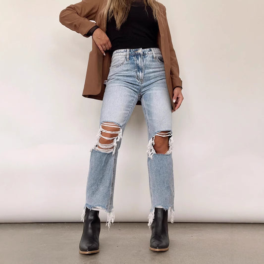 Washed Hole High Waist Loose Straight Jeans