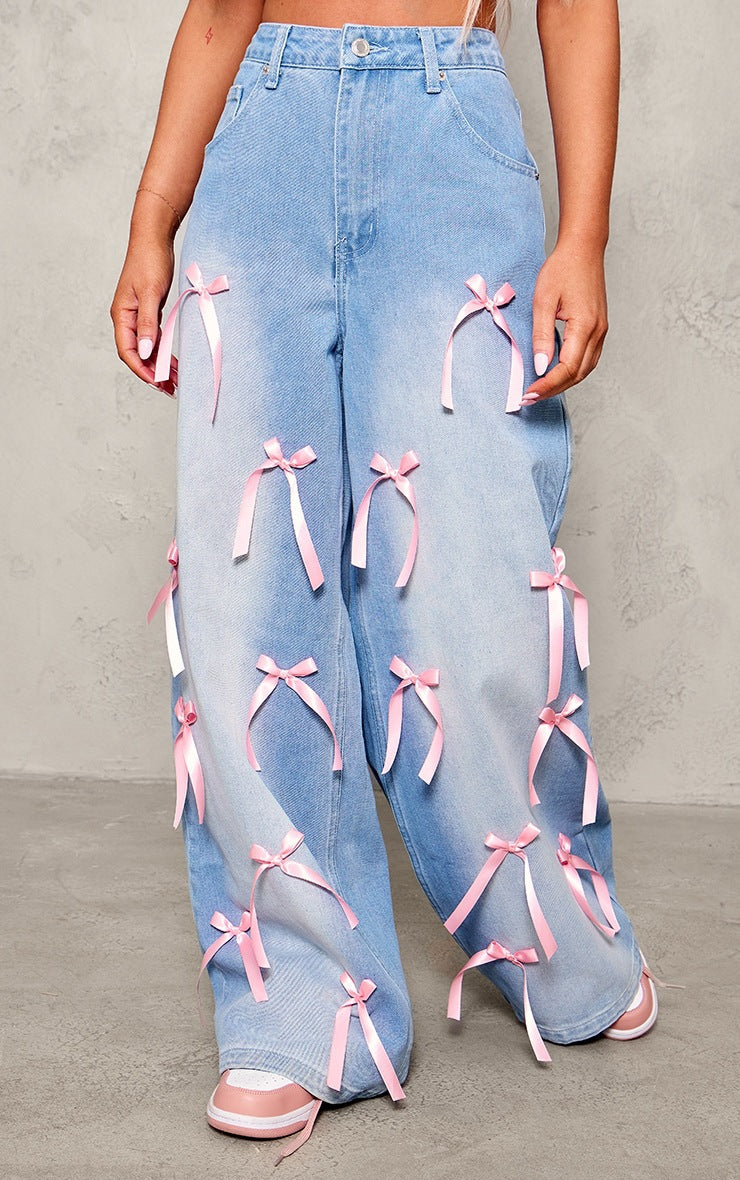 Women's Bow High Waist Wide Leg Street Distressed Loose Women's Jeans