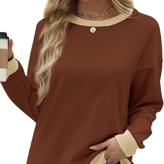Women's Crew Neck Long Sleeve Loose Color Matching Rib Tops