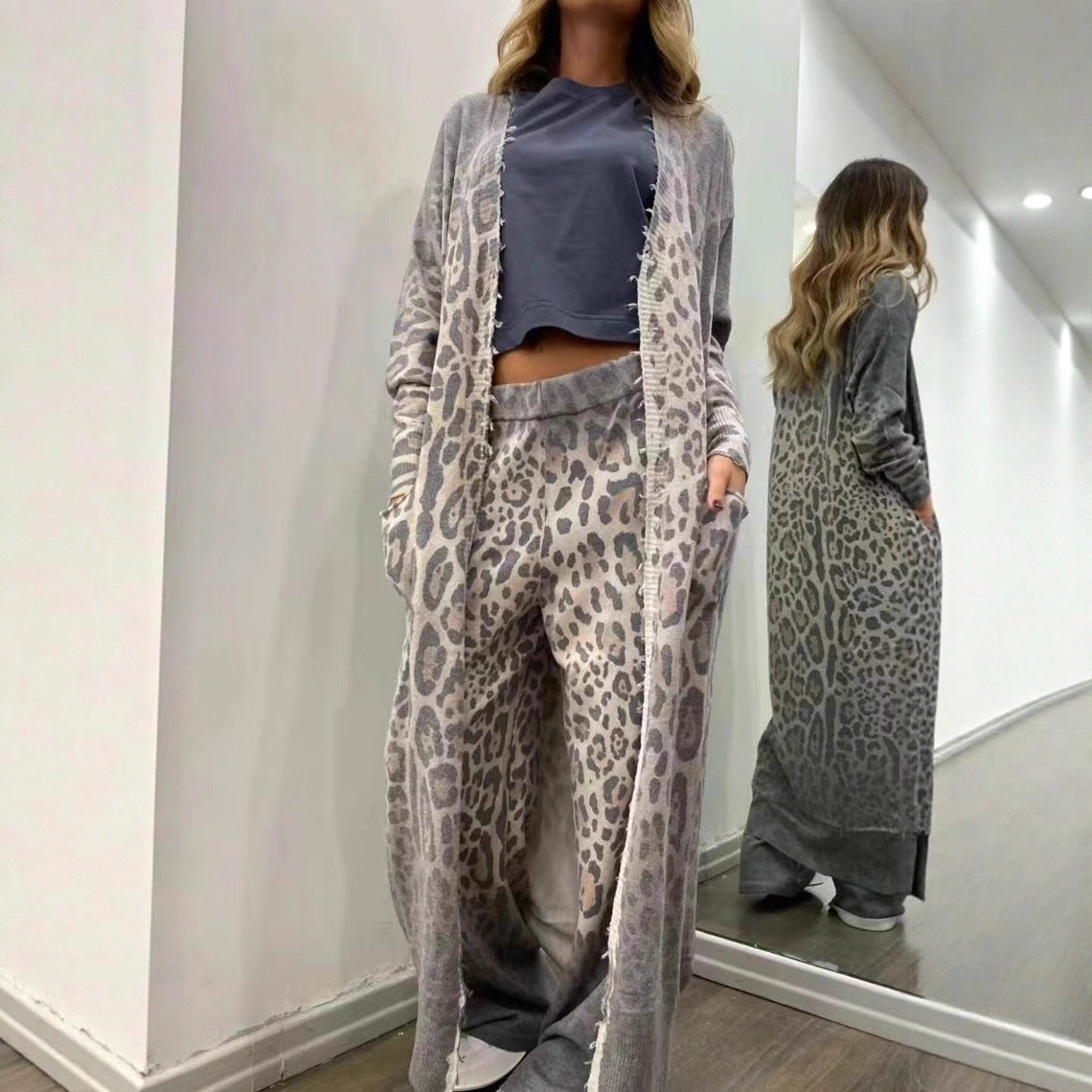 Women's Spring Leopard Print Long Sleeve Trousers Two-piece Suits