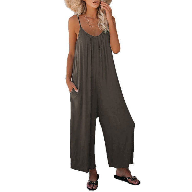 Women's Sling Summer Solid Color Pocket Jumpsuits