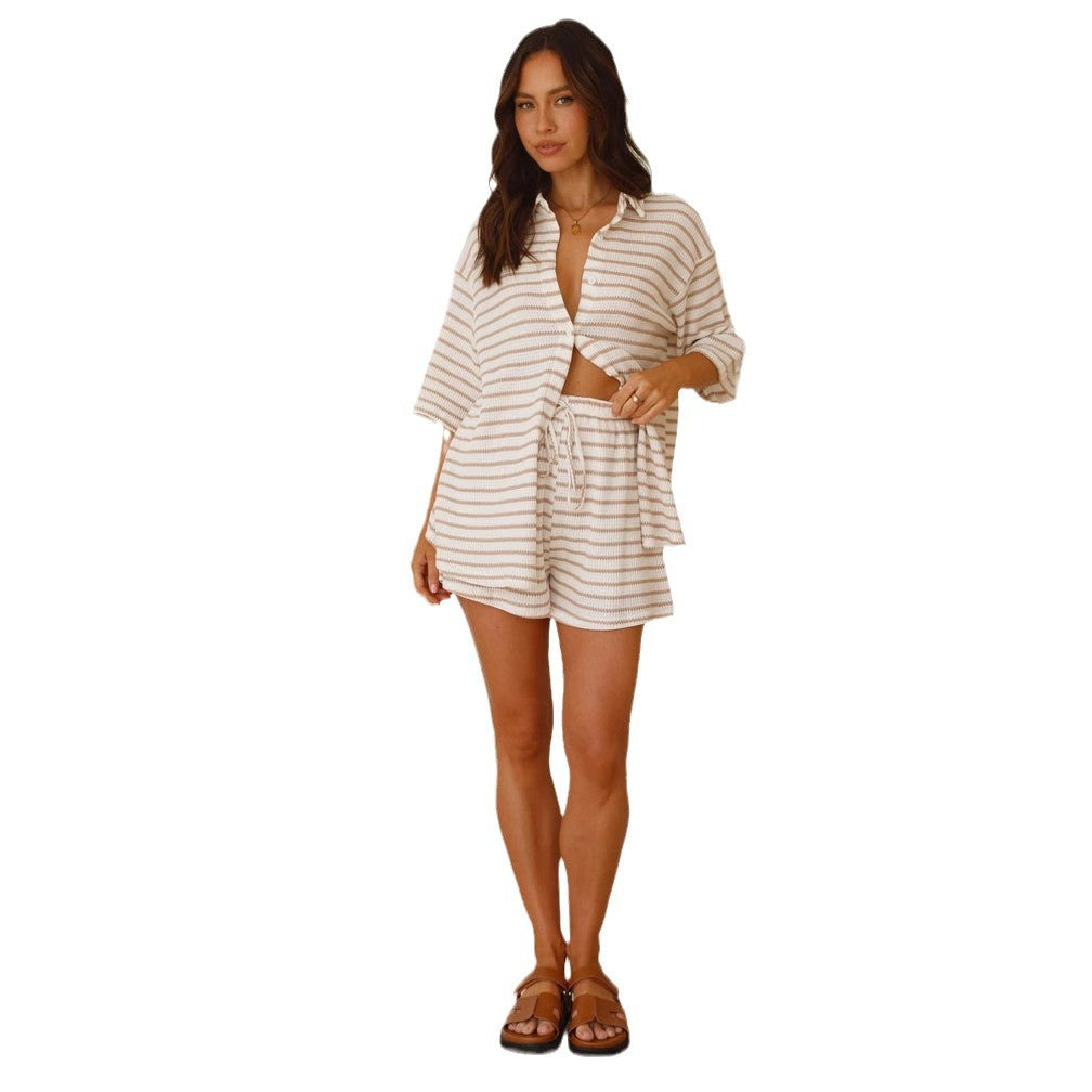Casual Two-piece Half Sleeve Striped Shirt Suits